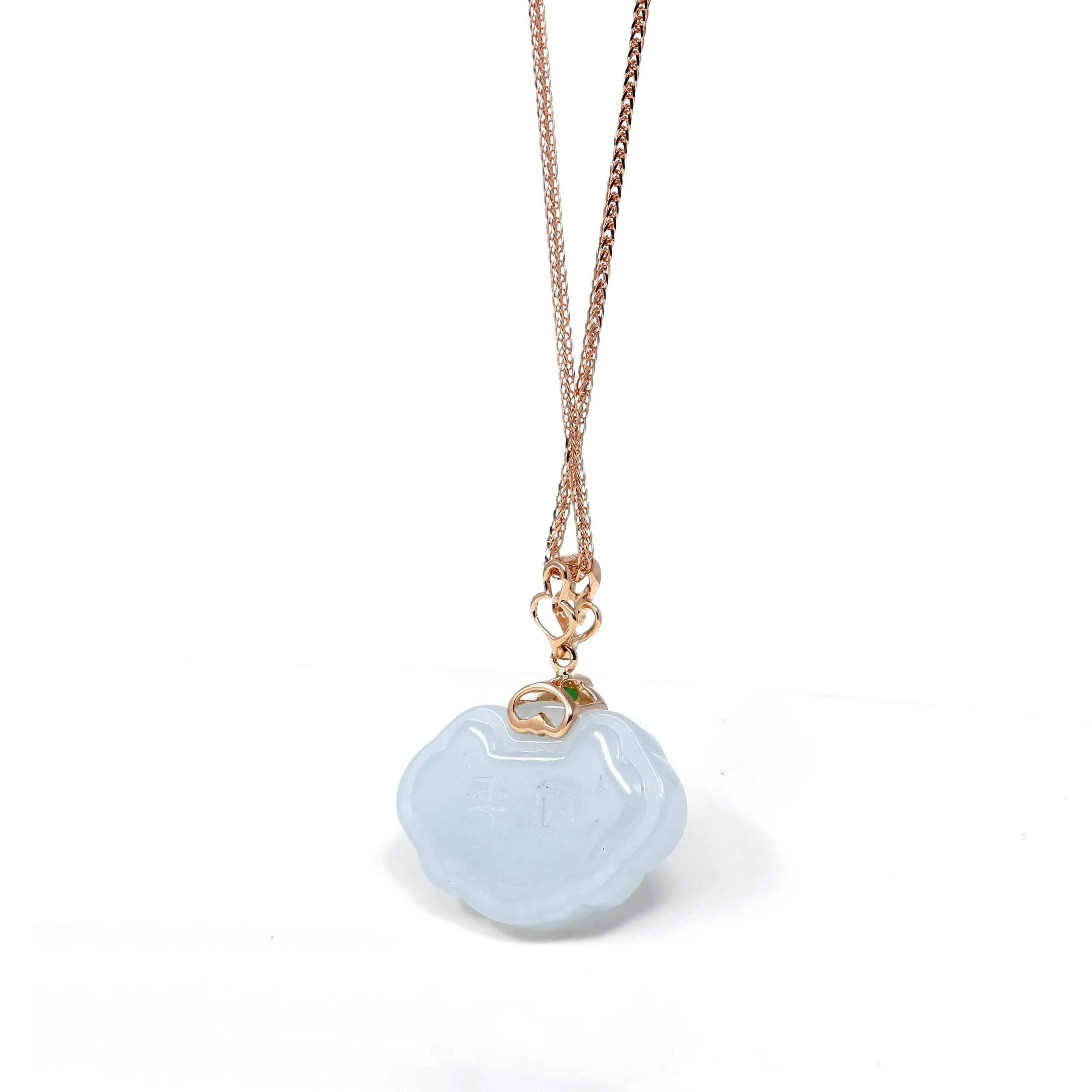 18k Rose Gold Genuine Burmese Light Lavender Jadeite Happiness and Safety  (Fu & Pingan) Pendant Necklace