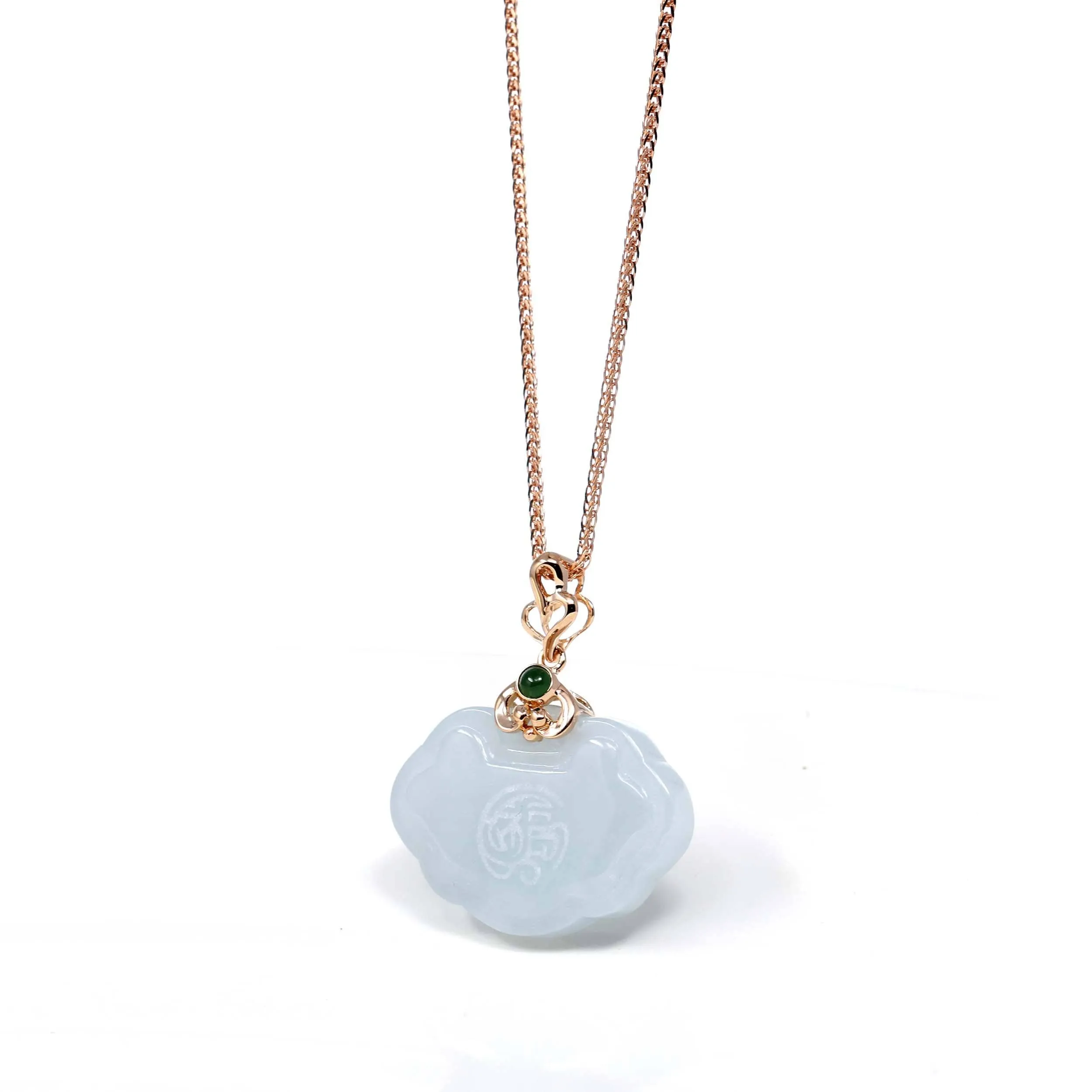 18k Rose Gold Genuine Burmese Light Lavender Jadeite Happiness and Safety  (Fu & Pingan) Pendant Necklace