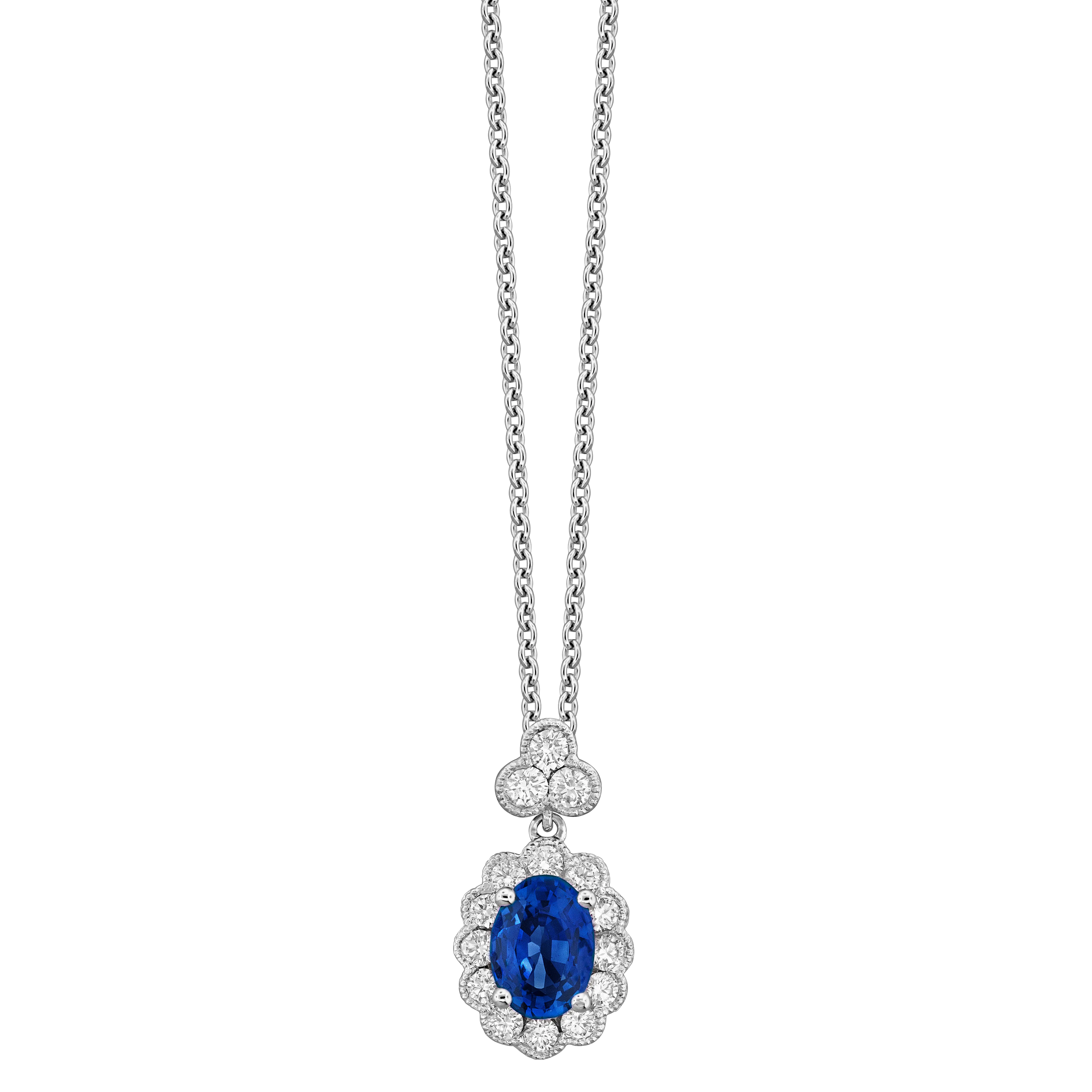 18K White Blue Sapphire and Natural Diamond 17 inch Necklace