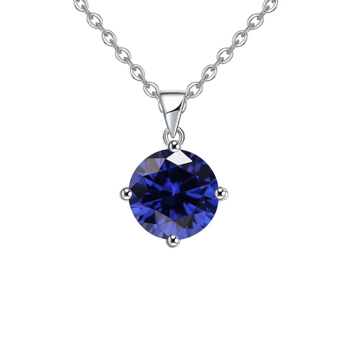 18K White Gold 2 Carat Created Blue Sapphire Round Stud Necklace Plated 18 inch