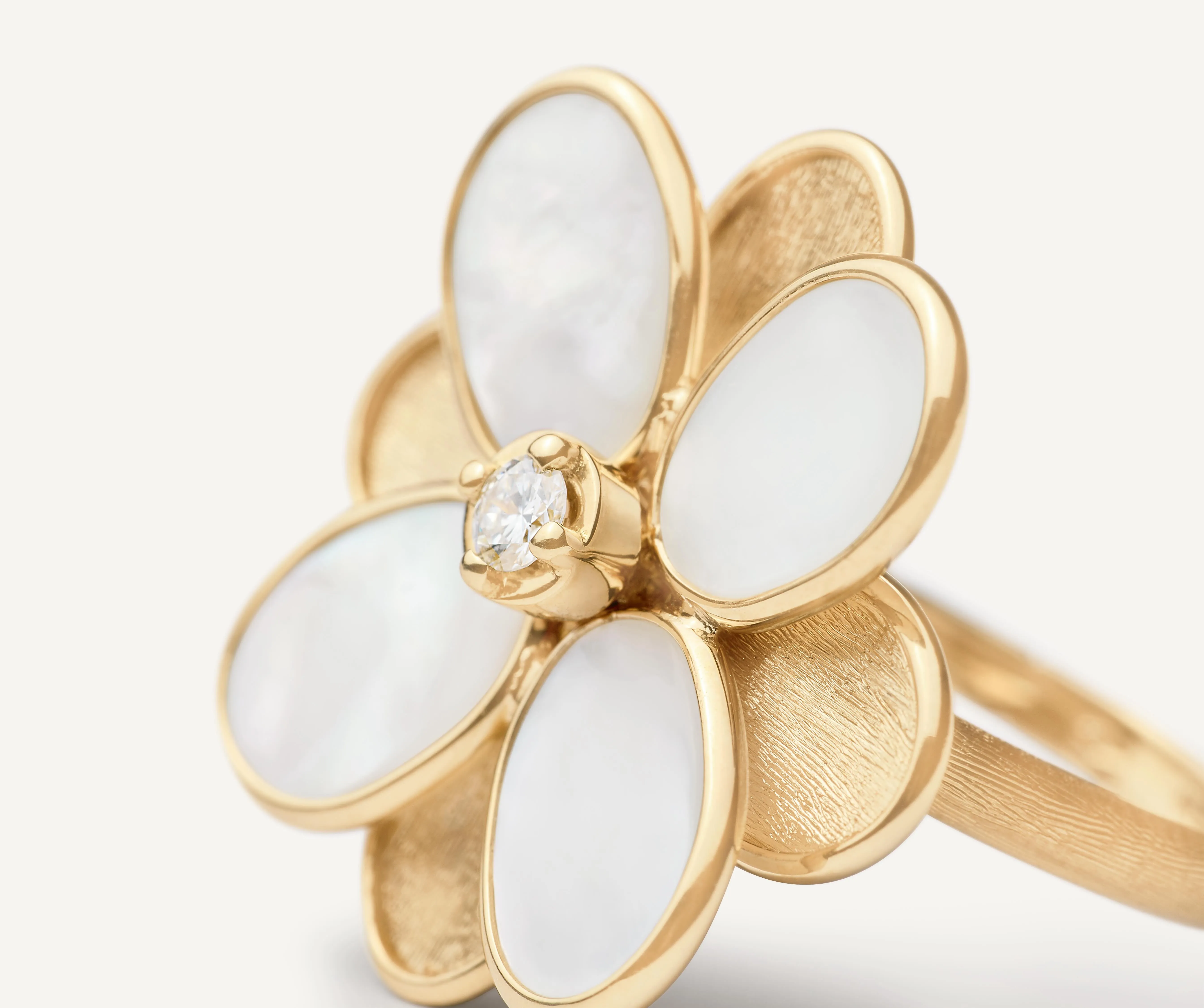 18K Yellow Gold and Mother of Pearl Flower Ring with Diamonds