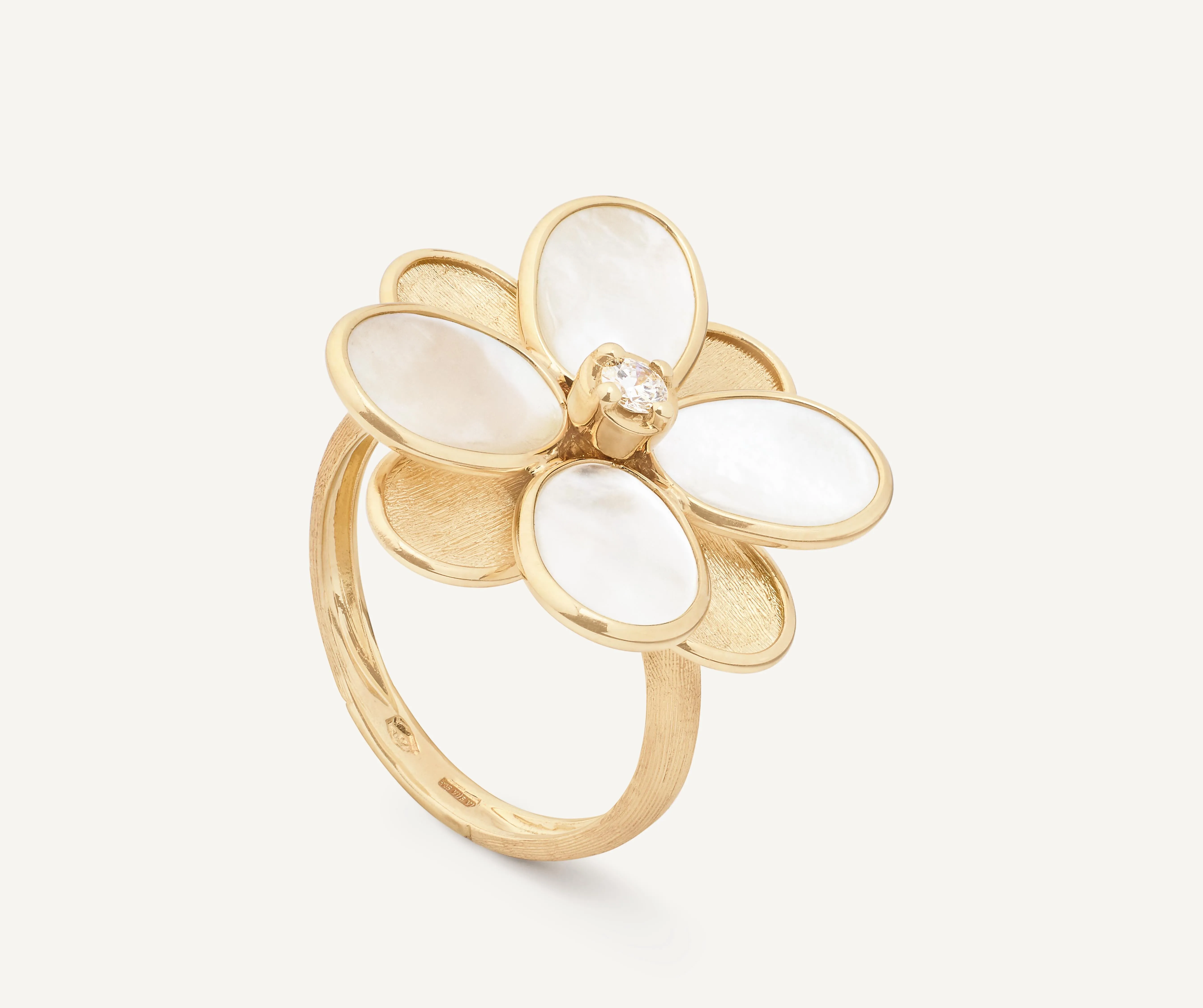 18K Yellow Gold and Mother of Pearl Flower Ring with Diamonds