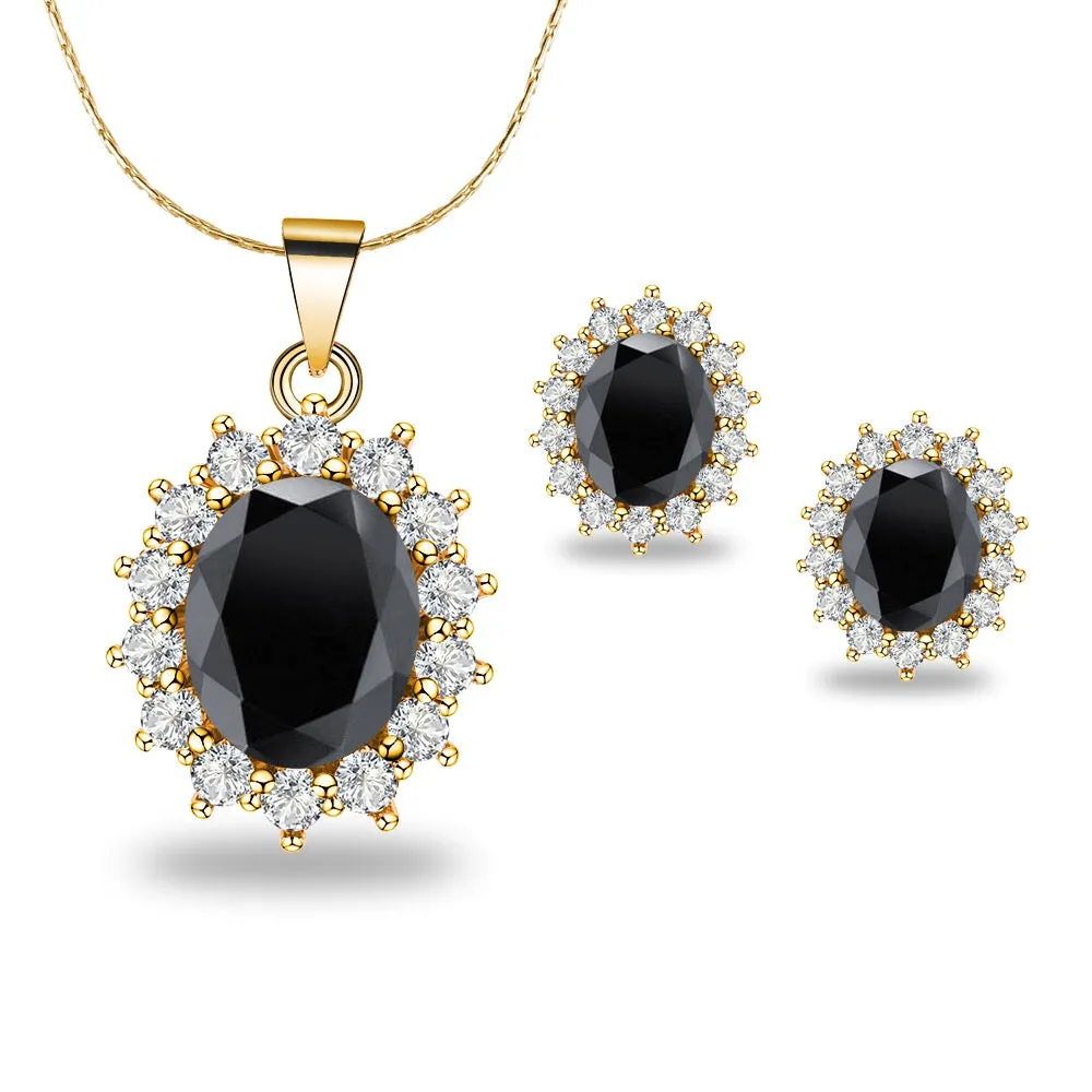 18K Yellow Gold Created Black Sapphire Round 1/2 Carat Oval Necklace Plated 18 inch