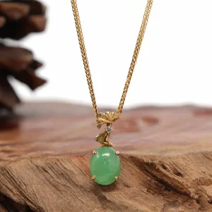 18K Yellow Gold "Ginkgo Leaf" Oval Apple Green Jadeite Jade Cabochon Necklace with Diamonds