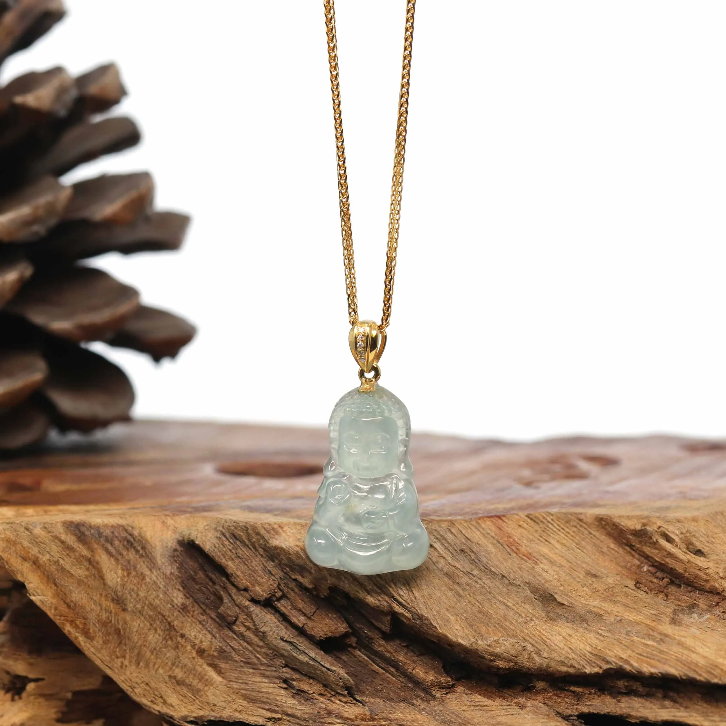 18k Yellow Gold w/diamonds Icy Burmese Jadeite Jade Baby Buddha Necklace