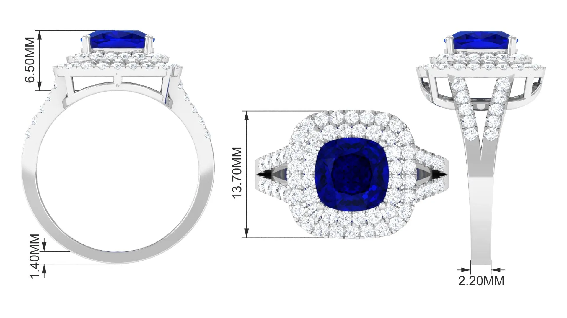 3 CT Cushion Cut Created Blue Sapphire Engagement Ring with Double Halo Moissanite