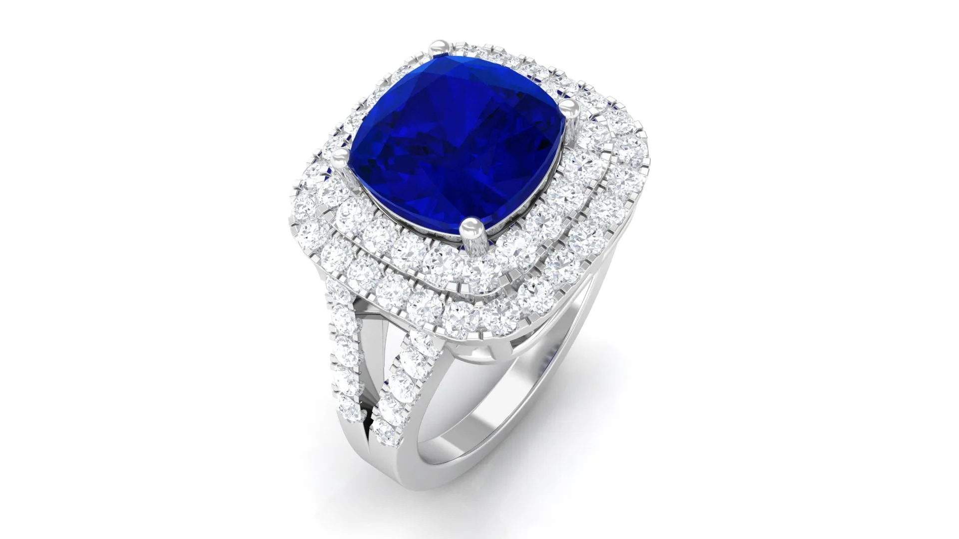 3 CT Cushion Cut Created Blue Sapphire Engagement Ring with Double Halo Moissanite