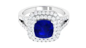 3 CT Cushion Cut Created Blue Sapphire Engagement Ring with Double Halo Moissanite