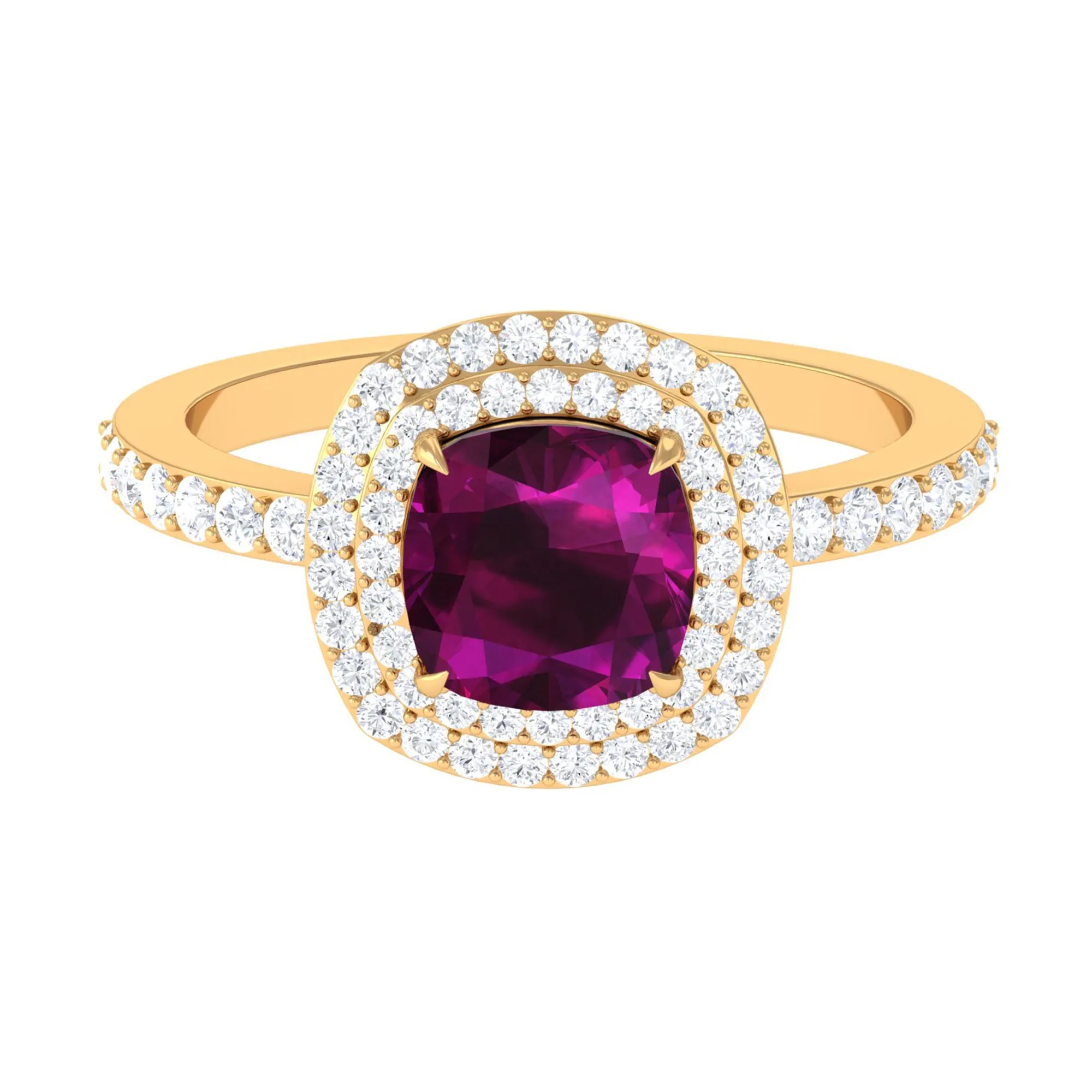 3.25 CT Cushion Shape Rhodolite Engagement Ring with Moissanite Double Halo