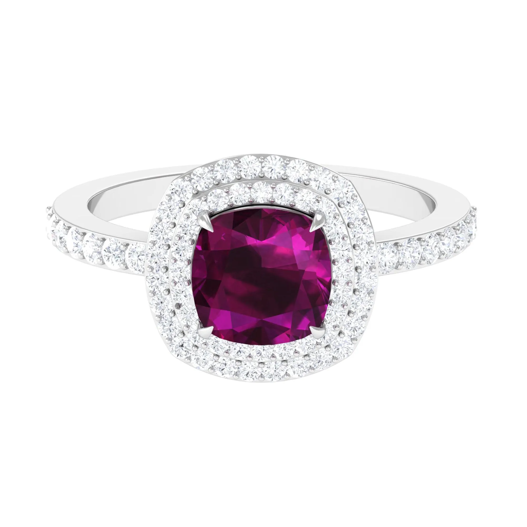 3.25 CT Cushion Shape Rhodolite Engagement Ring with Moissanite Double Halo