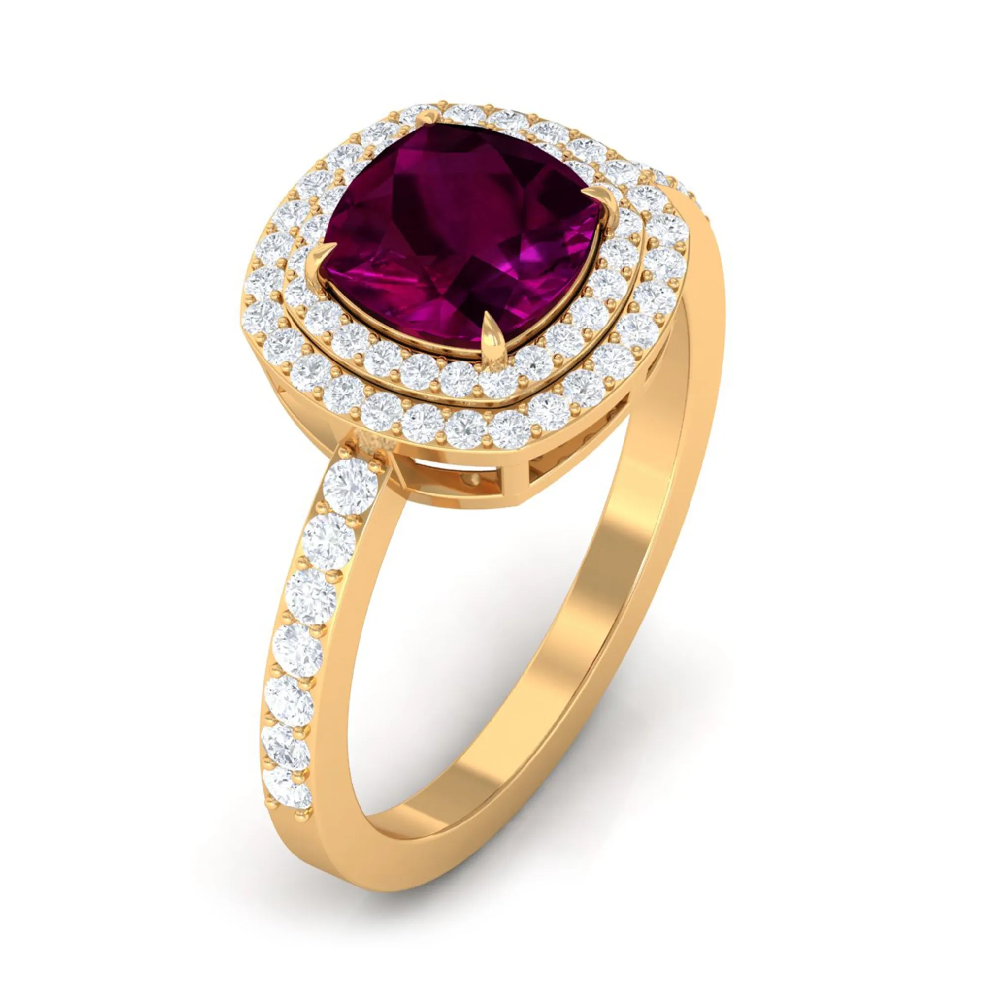 3.25 CT Cushion Shape Rhodolite Engagement Ring with Moissanite Double Halo