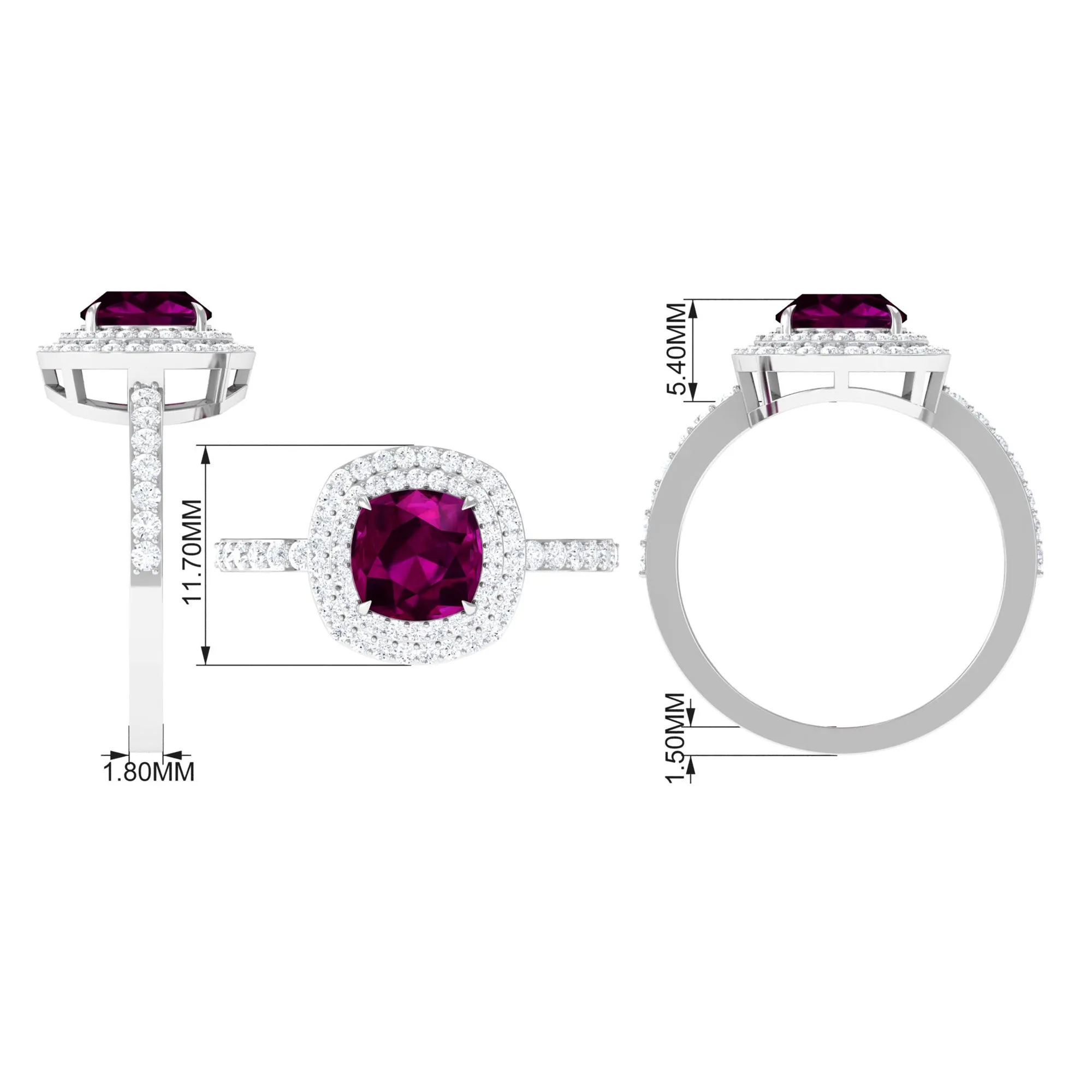 3.25 CT Cushion Shape Rhodolite Engagement Ring with Moissanite Double Halo