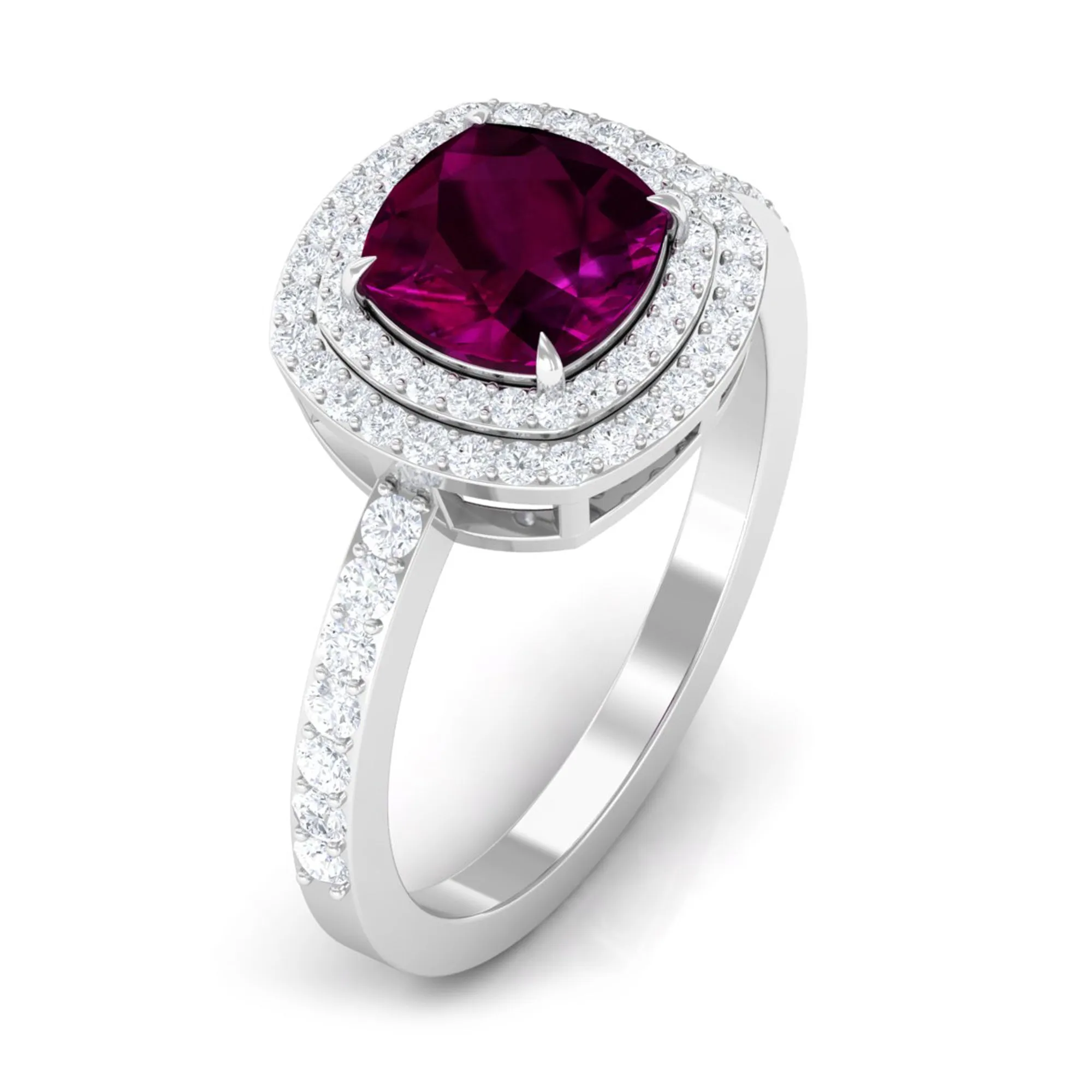 3.25 CT Cushion Shape Rhodolite Engagement Ring with Moissanite Double Halo