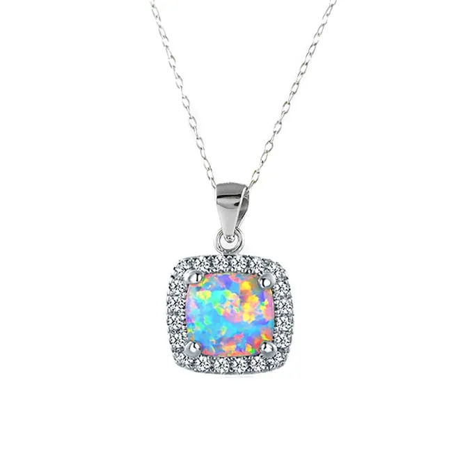 3.50 CTTW White Opal Halo Necklace Sterling Silver 18 Inch Chain Cubic Zirconia