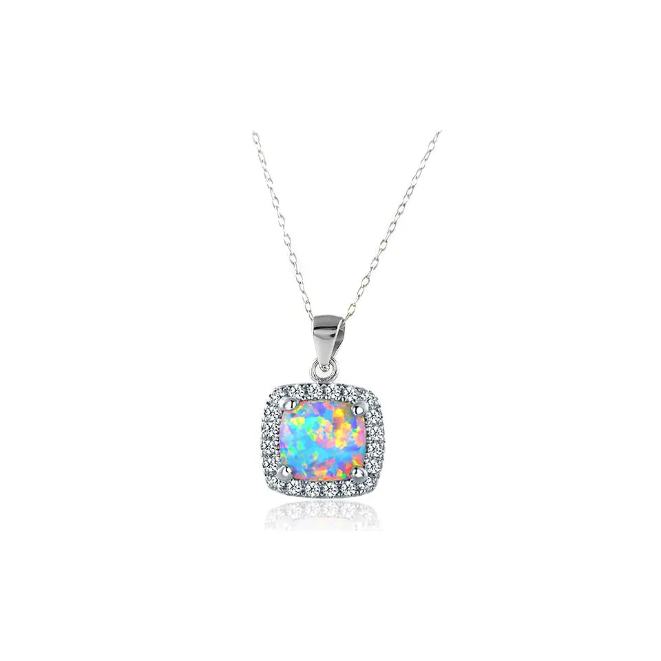 3.50 CTTW White Opal Halo Necklace Sterling Silver 18 Inch Chain Cubic Zirconia