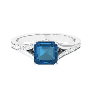 4.25 CT London Blue Topaz Split Shank Engagement Ring with Diamond