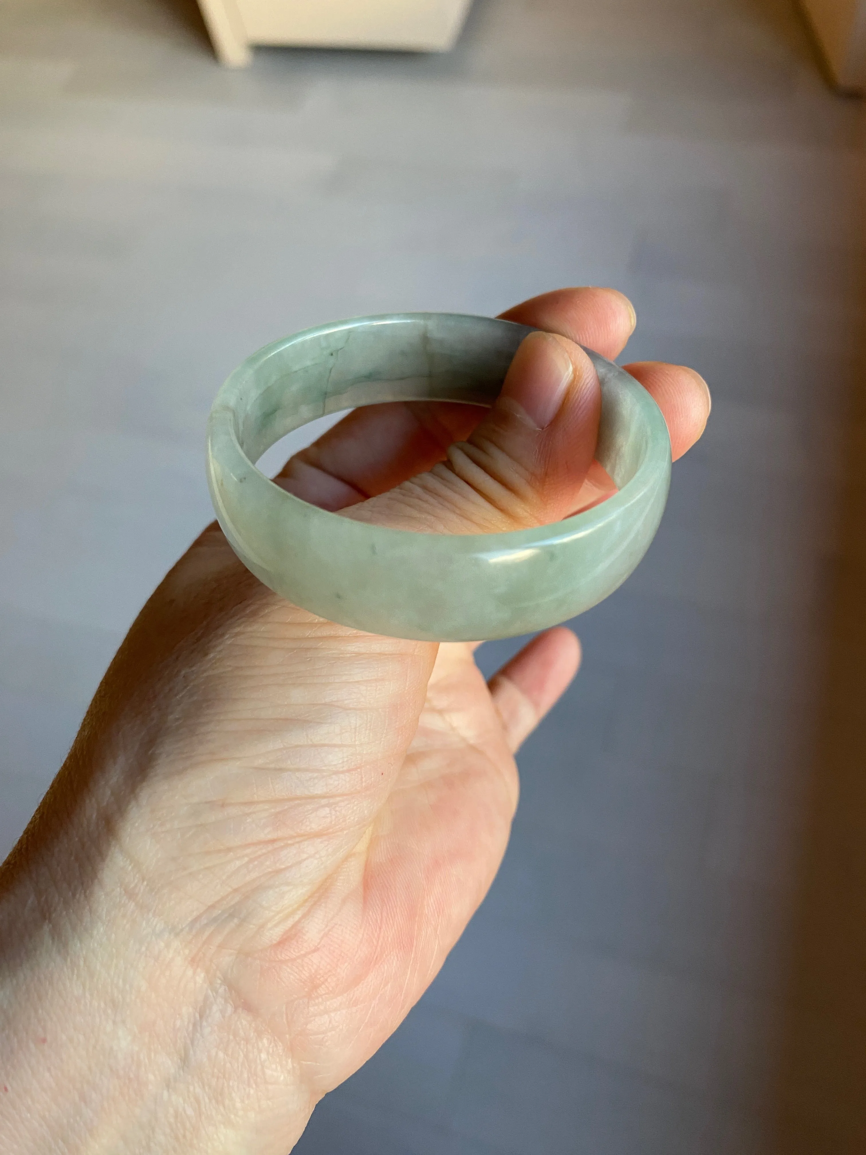 49.5mm Certified Type A 100% Natural icy watery light green/gray/black thin Jadeite Jade bangle AY79-3208