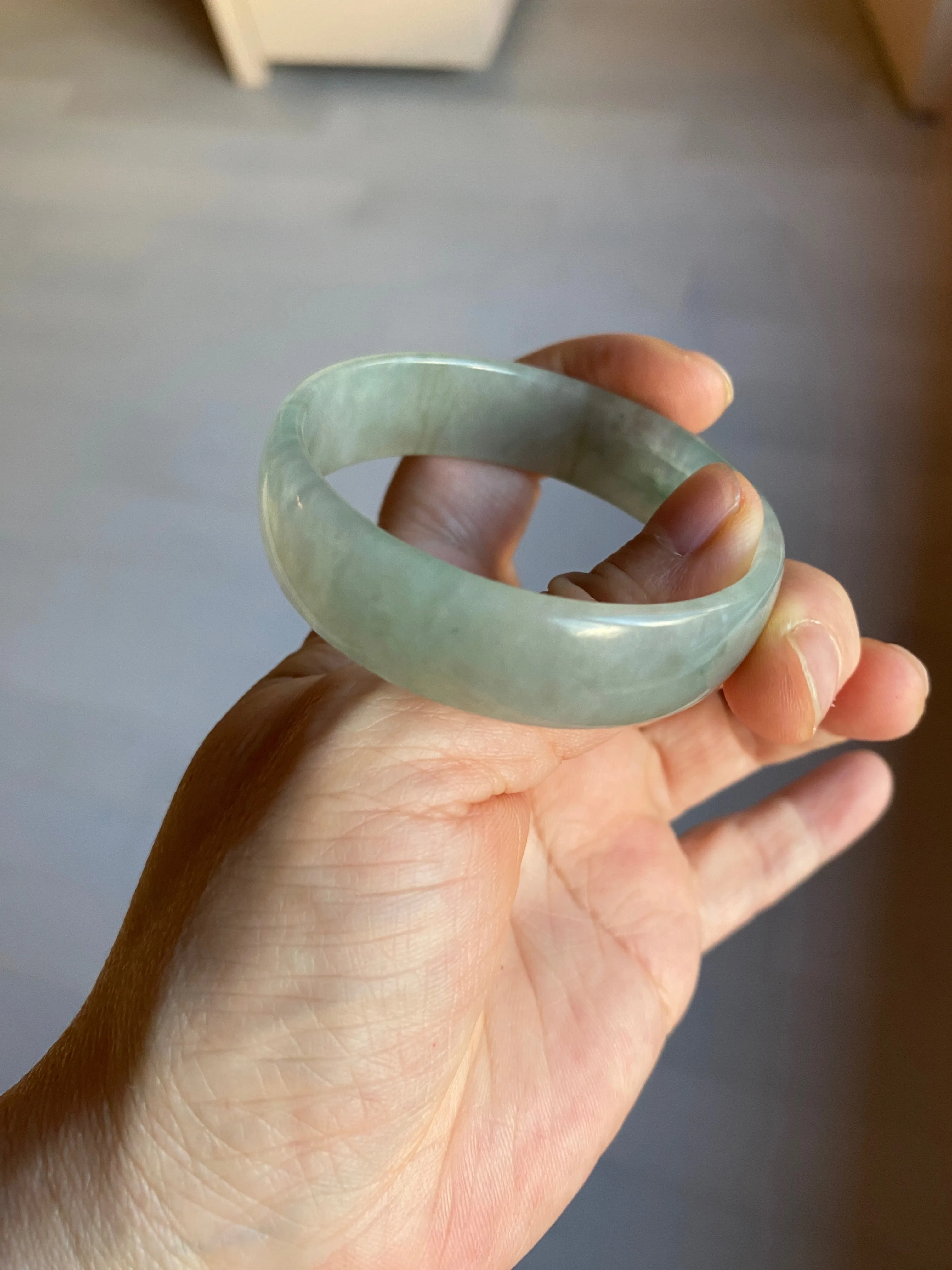 49.5mm Certified Type A 100% Natural icy watery light green/gray/black thin Jadeite Jade bangle AY79-3208