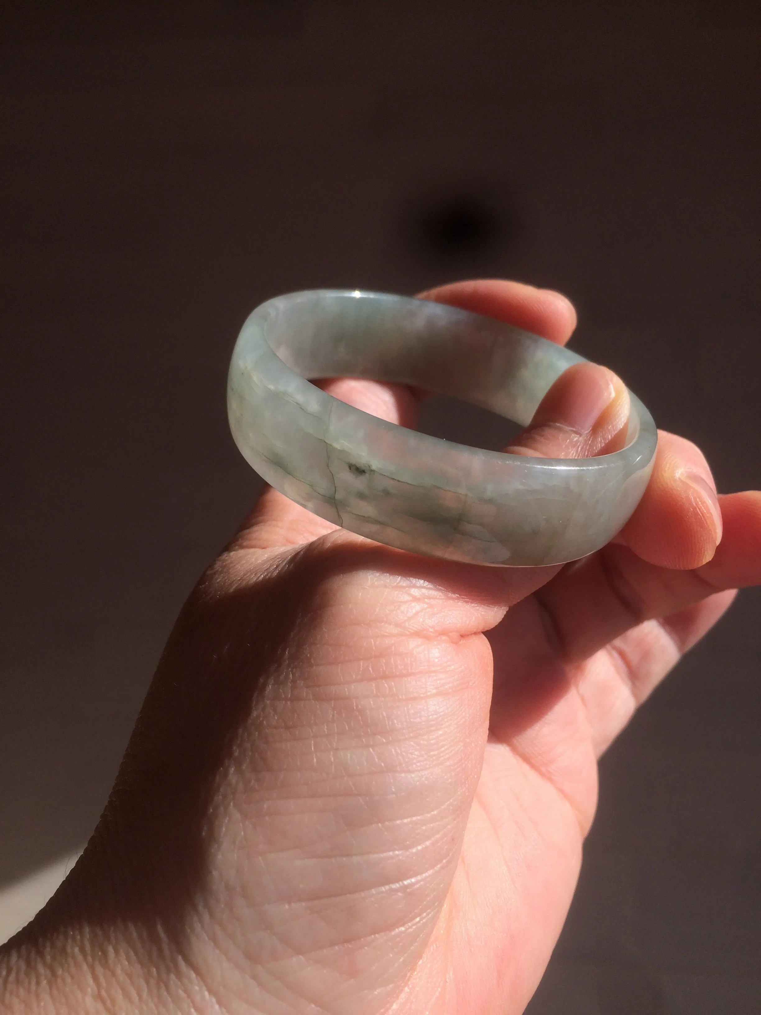 49.5mm Certified Type A 100% Natural icy watery light green/gray/black thin Jadeite Jade bangle AY79-3208