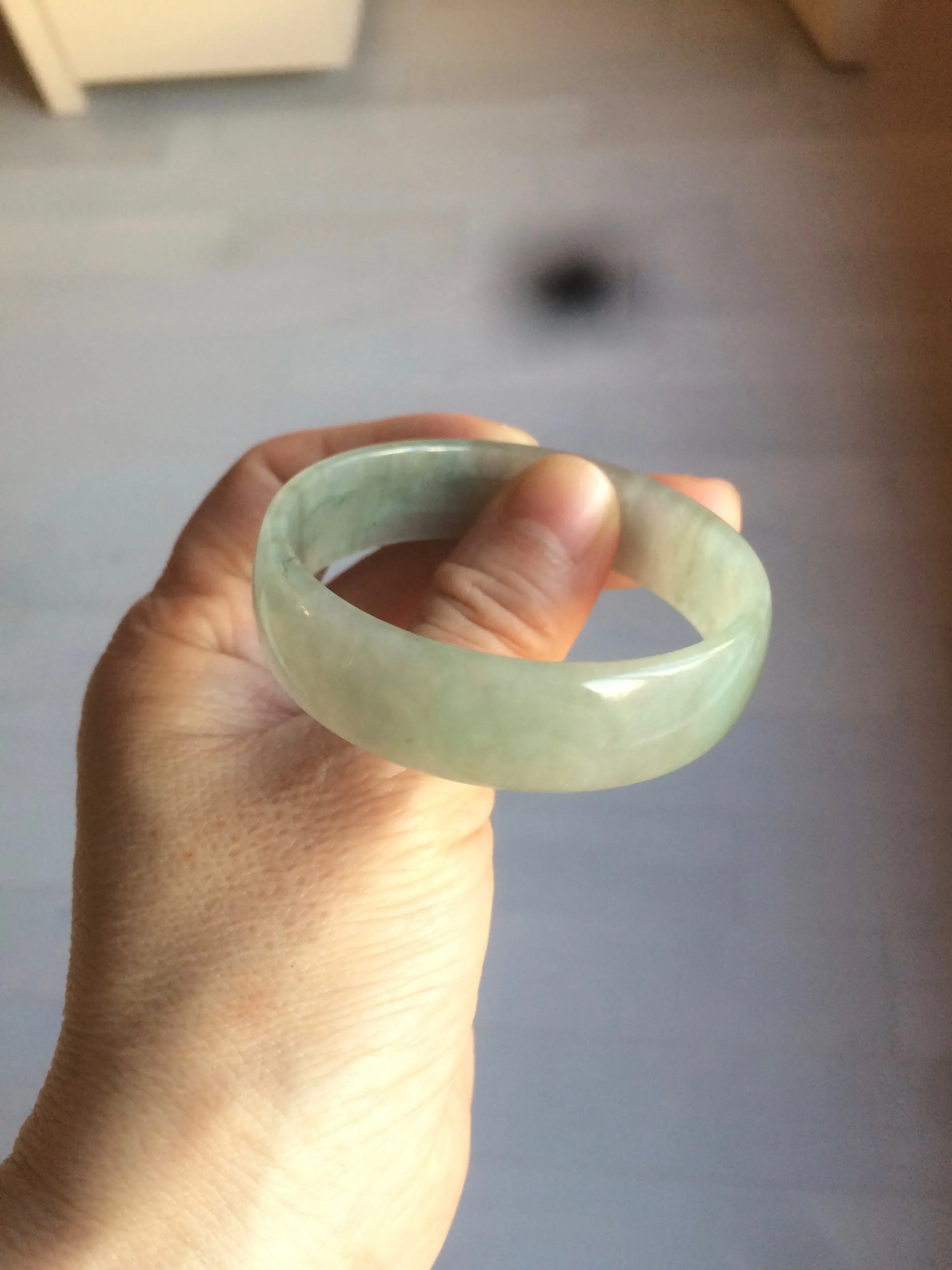 49.5mm Certified Type A 100% Natural icy watery light green/gray/black thin Jadeite Jade bangle AY79-3208