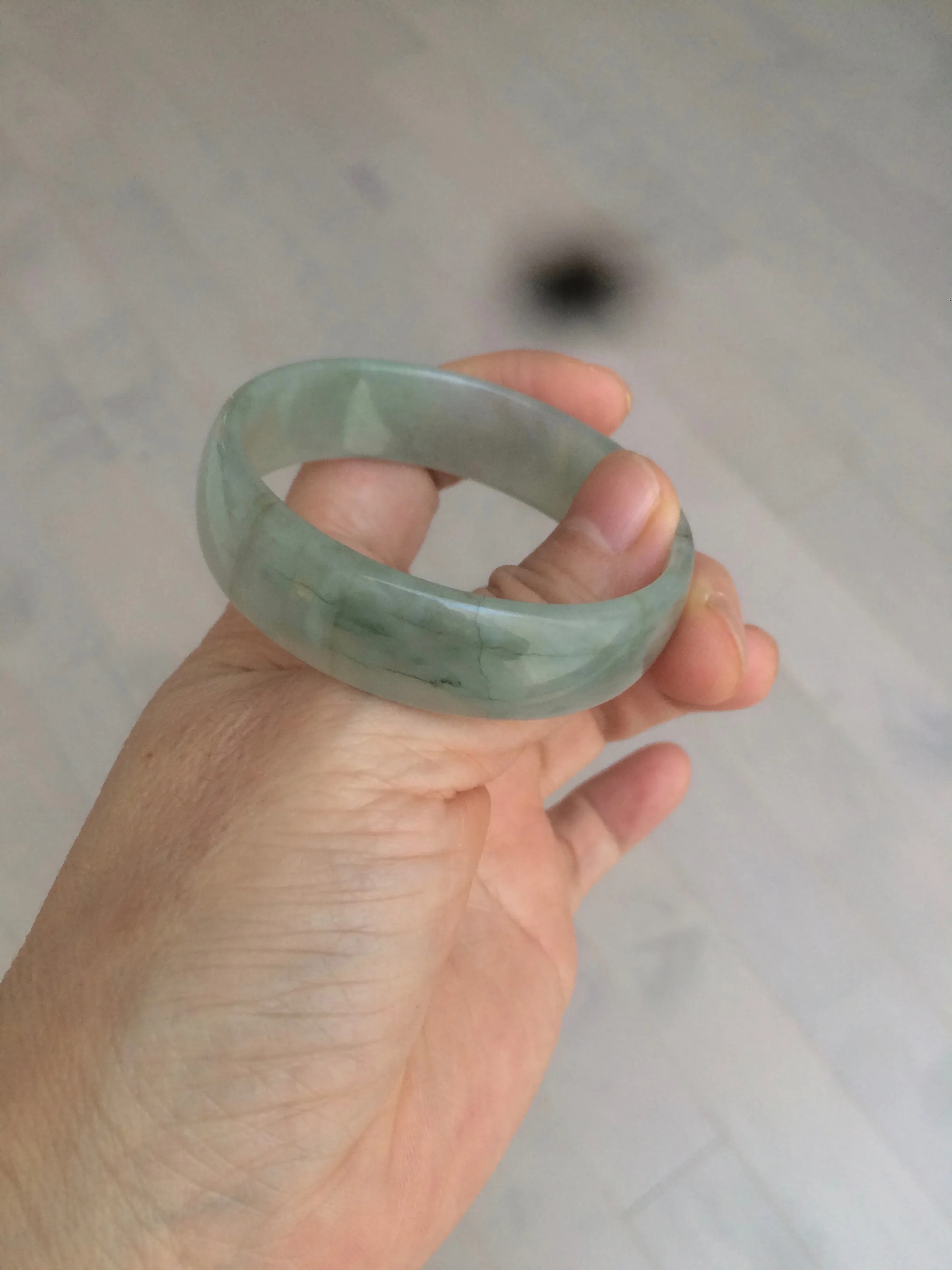 49.5mm Certified Type A 100% Natural icy watery light green/gray/black thin Jadeite Jade bangle AY79-3208