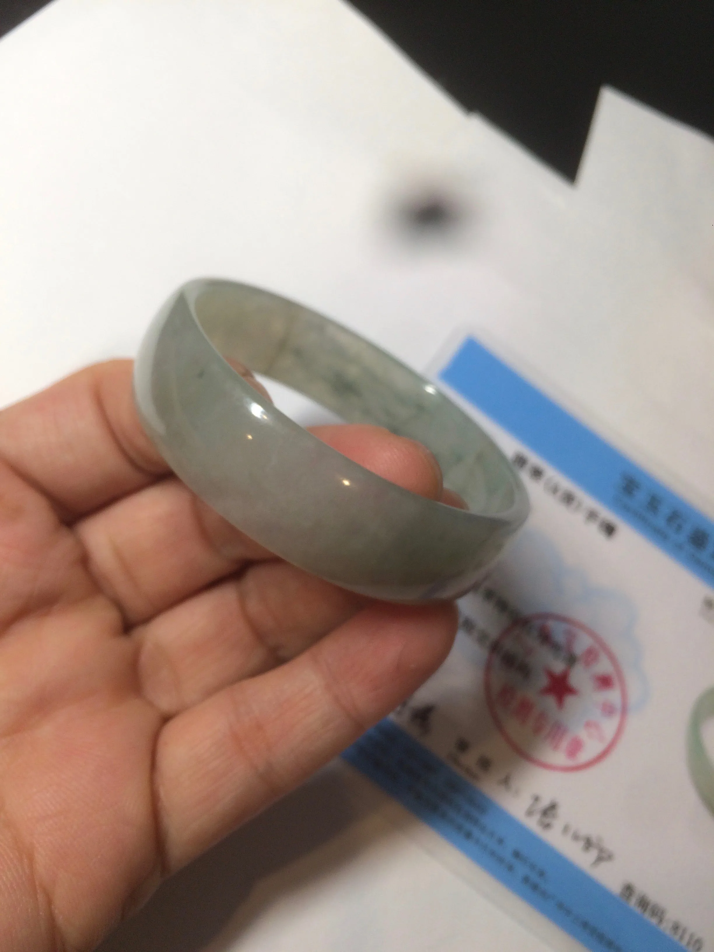 49.5mm Certified Type A 100% Natural icy watery light green/gray/black thin Jadeite Jade bangle AY79-3208