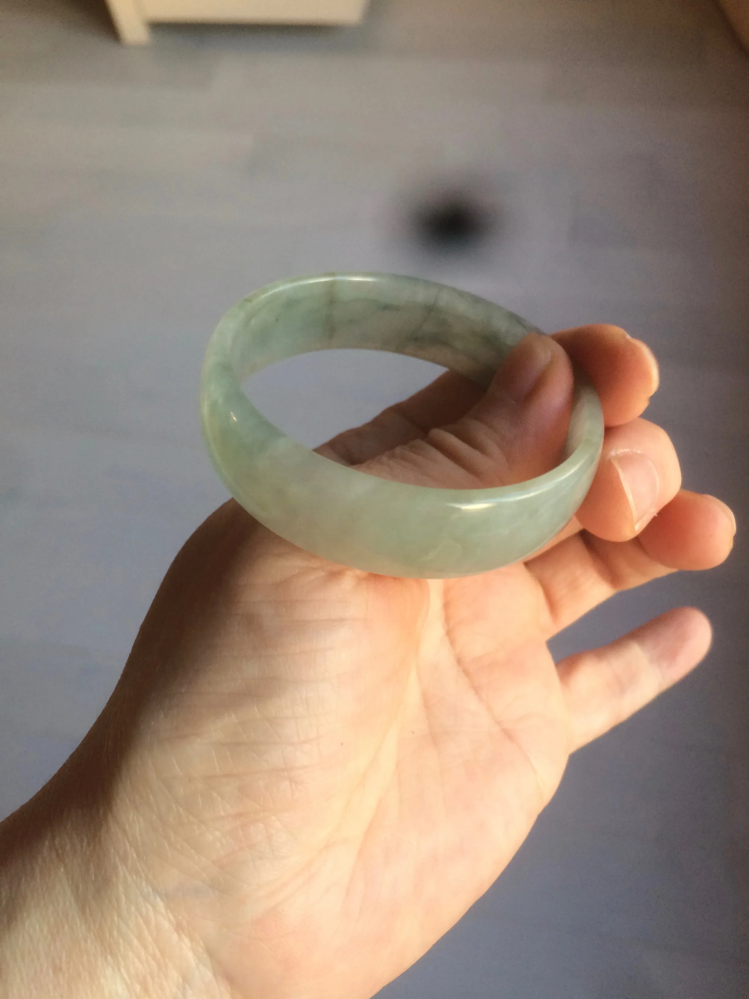 49.5mm Certified Type A 100% Natural icy watery light green/gray/black thin Jadeite Jade bangle AY79-3208