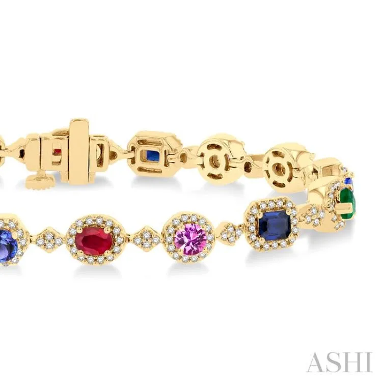 4X3MM & 4MM Mixed Shape Gemstone Rainbow and 1 ctw Round Cut Diamond Halo Precious Tennis Bracelet in 14K Yellow Gold