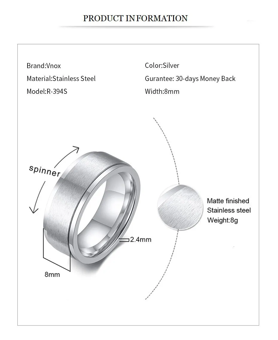 6/8mm Spinner Ring Men Ladies Stress Release Accessory Classic Stainless Steel Wedding Band Casual Sport Jewellery