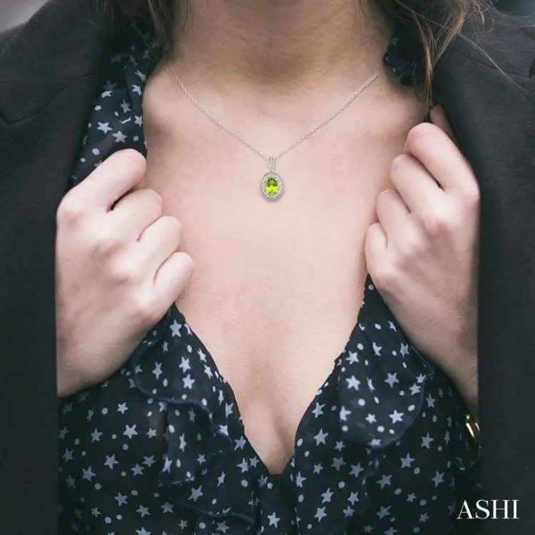 8x6 MM Oval Cut Peridot and 1/20 Ctw Single Cut Diamond Pendant in Sterling Silver with Chain