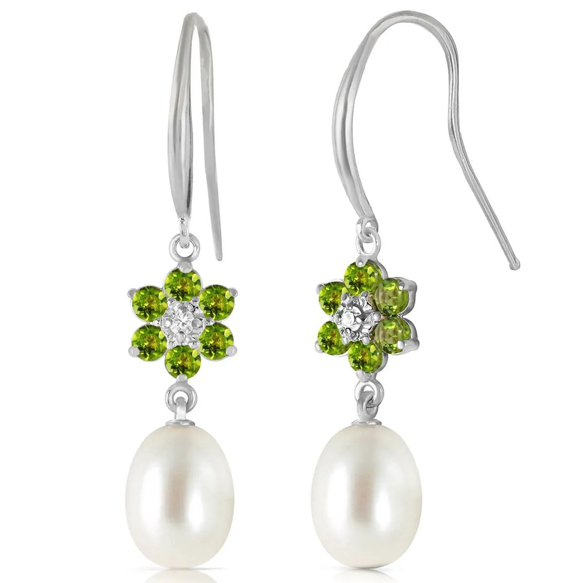 9.01 Carat 14K Solid White Gold Fish Hook Earrings Diamond, Peridot Pearl