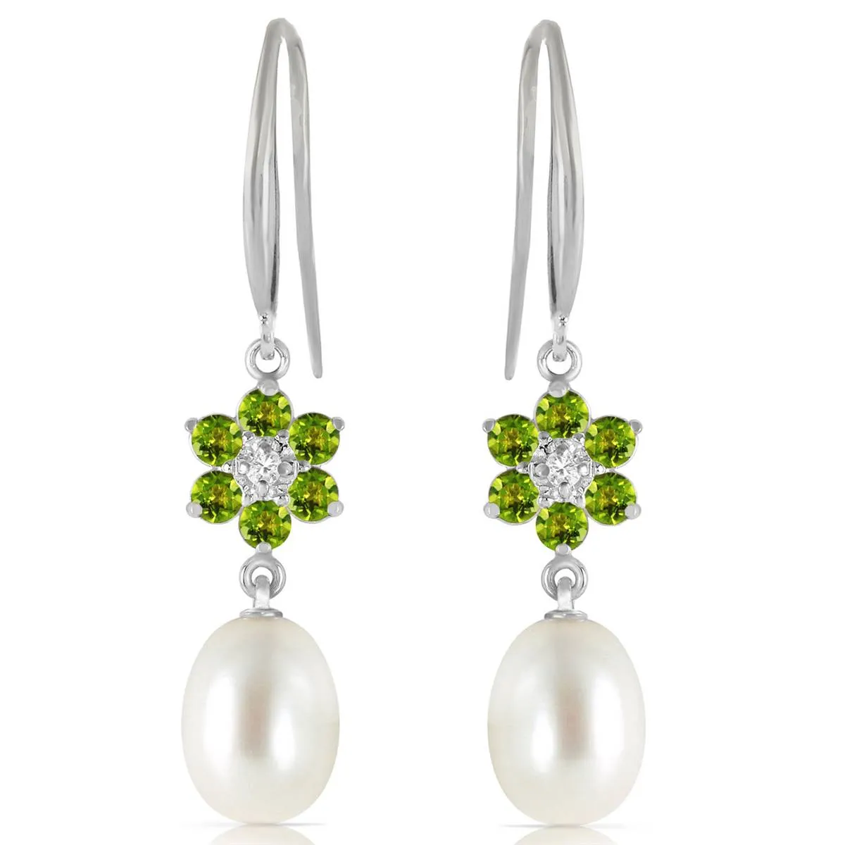 9.01 Carat 14K Solid White Gold Fish Hook Earrings Diamond, Peridot Pearl