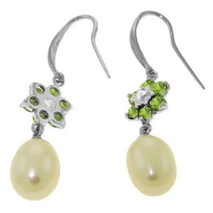 9.01 Carat 14K Solid White Gold Fish Hook Earrings Diamond, Peridot Pearl