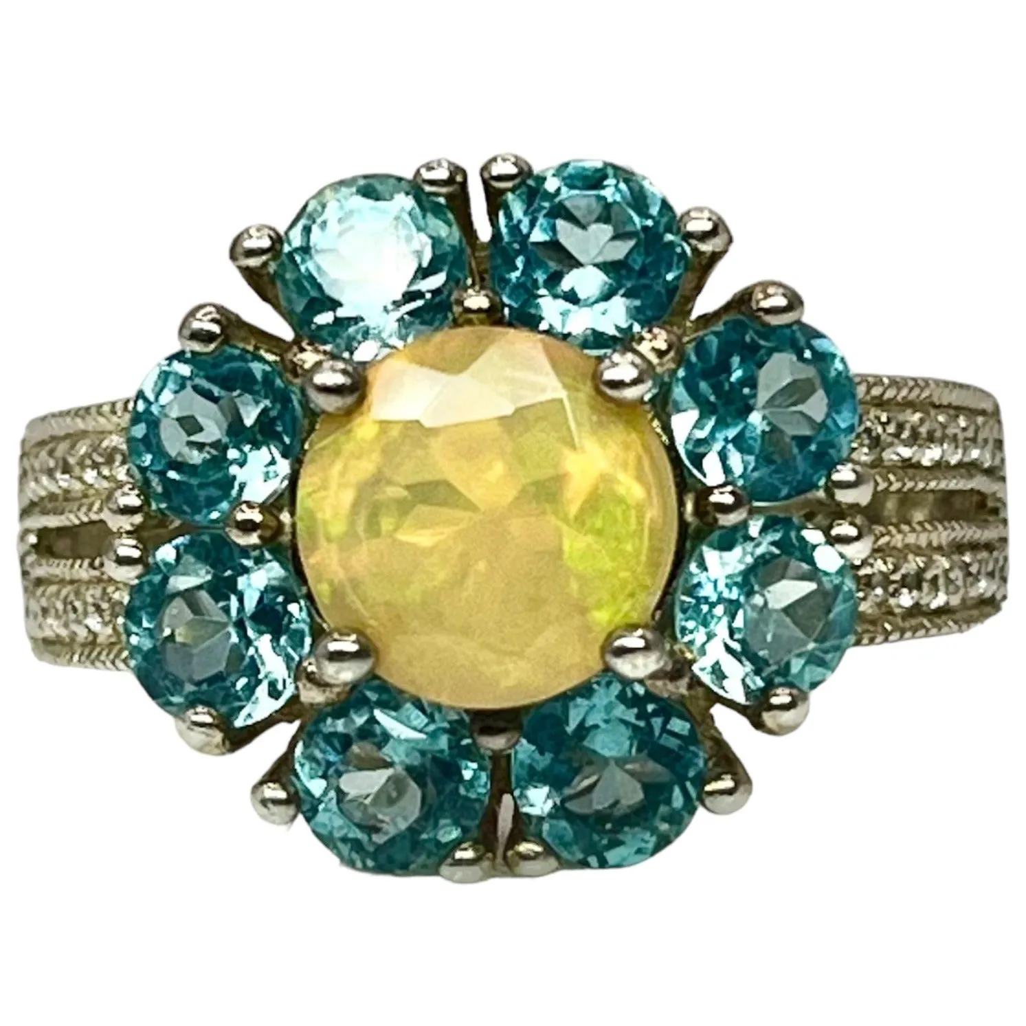 925 Sterling Silver Ethiopian Opal Blue Topaz Sz 8 Ring Flower Cocktail Ring