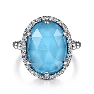 925 Sterling Silver Oval White Sapphire and Turquoise Halo Signet Ring