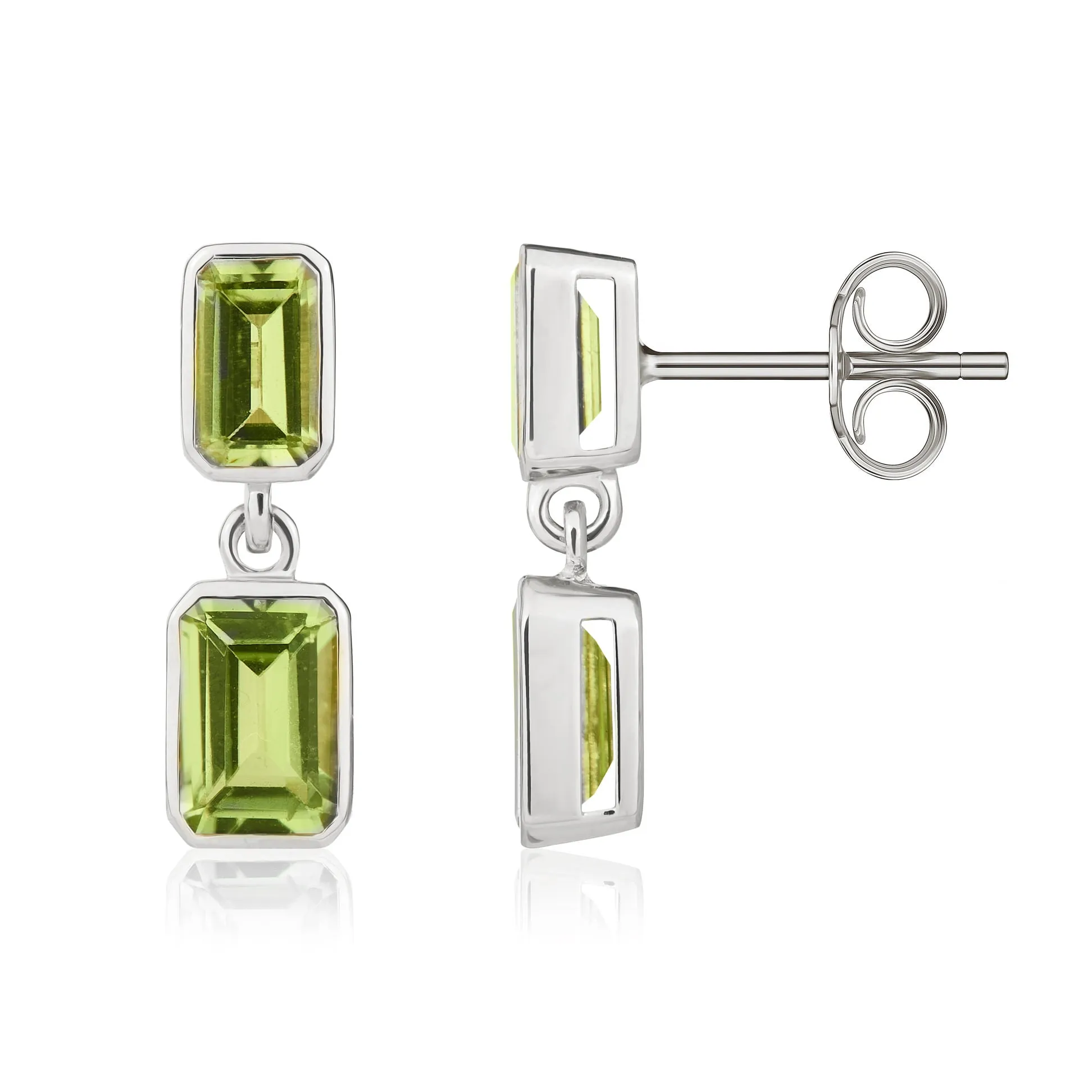 9ct White Gold Octagonal Peridot Double Stone Rubover Drop Earrings