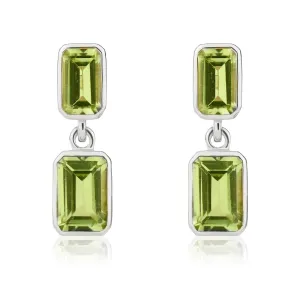 9ct White Gold Octagonal Peridot Double Stone Rubover Drop Earrings