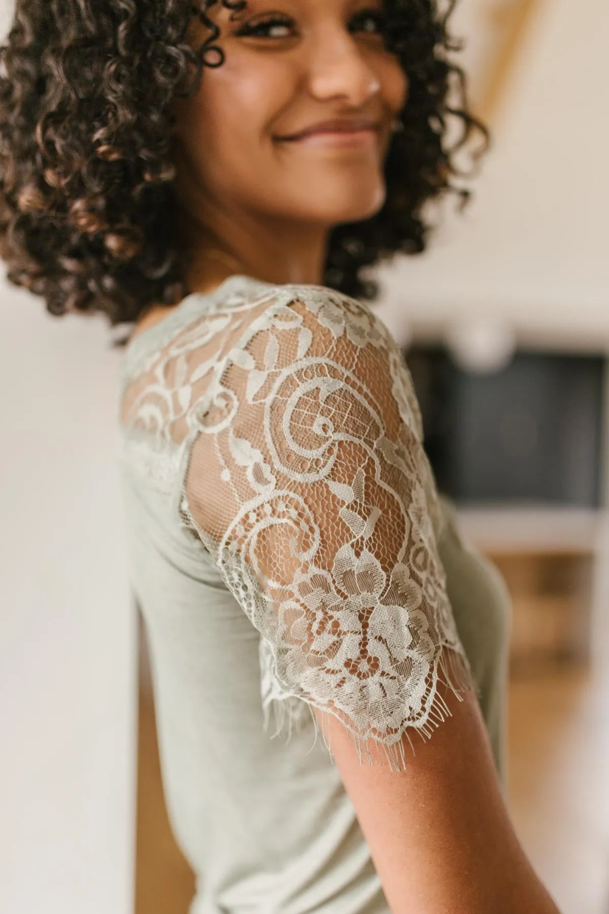 A Little Bit of Lace Top In Sage