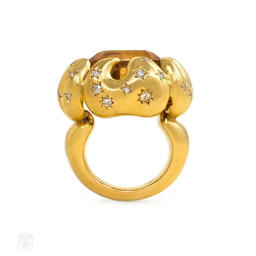 A Retro gold, diamond and topaz ring, Italy