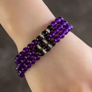 Amethyst 6mm with Black Agate and Crystal Accent Beads Triple Wrap Elastic Gemstone Bracelet