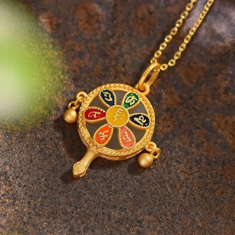 Ancient Gold Enamel Color Burned Blue and White Jade Six Characters Mantra Blessing Pendant Court Retro Women's Accessories