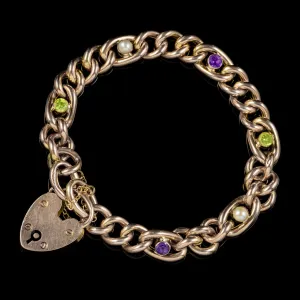 Antique Edwardian Suffragette Curb Bracelet Heart Padlock 9Ct Gold Circa 1910