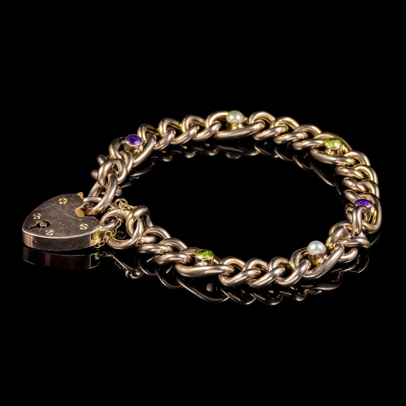 Antique Edwardian Suffragette Curb Bracelet Heart Padlock 9Ct Gold Circa 1910