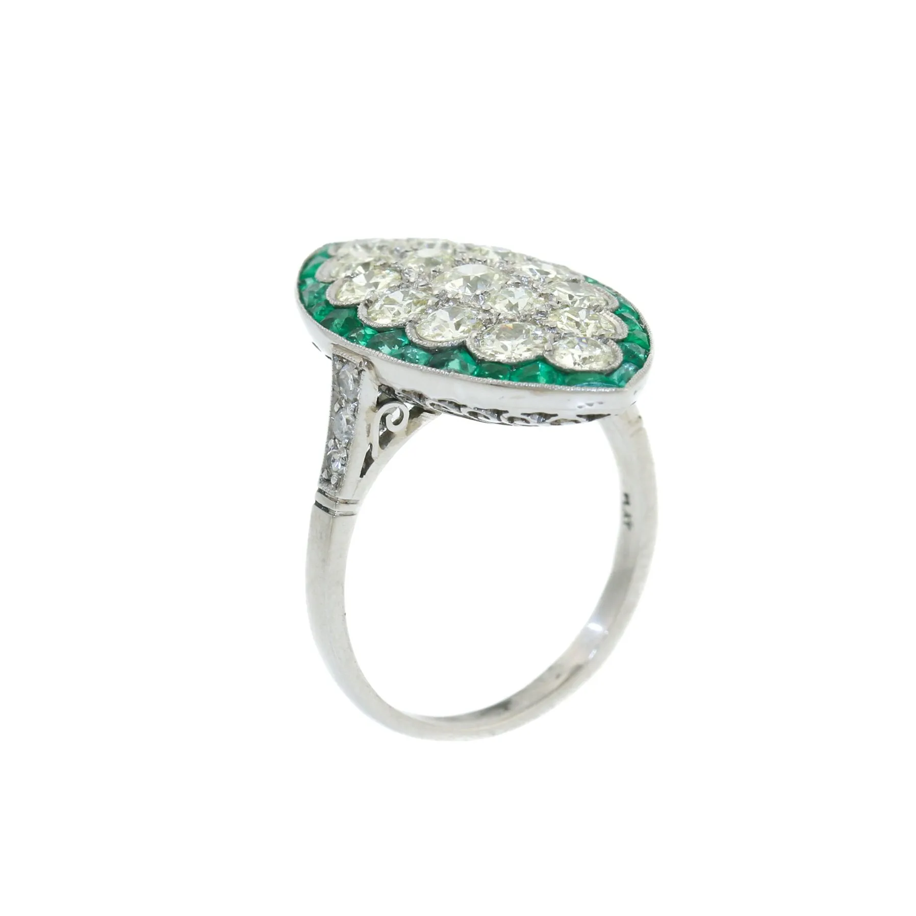 Antique Platinum x European Diamond & Emerald Cocktail Ring