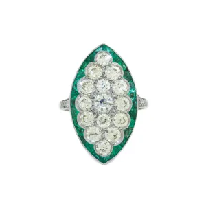 Antique Platinum x European Diamond & Emerald Cocktail Ring