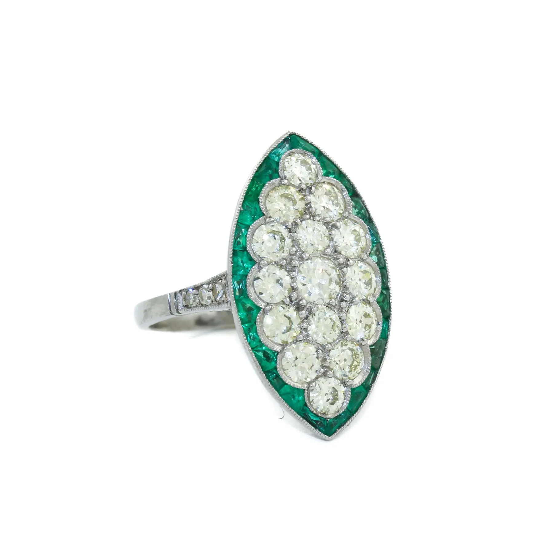 Antique Platinum x European Diamond & Emerald Cocktail Ring