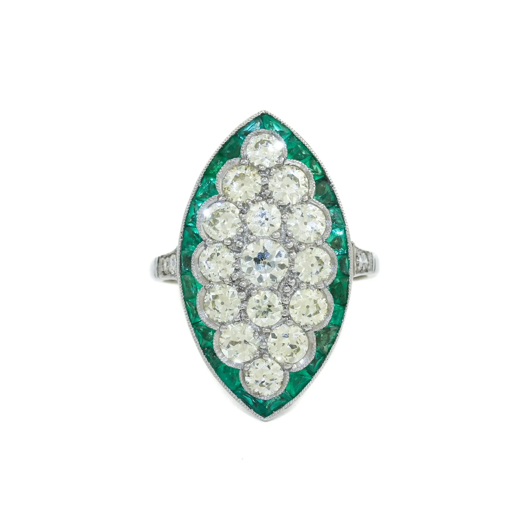 Antique Platinum x European Diamond & Emerald Cocktail Ring