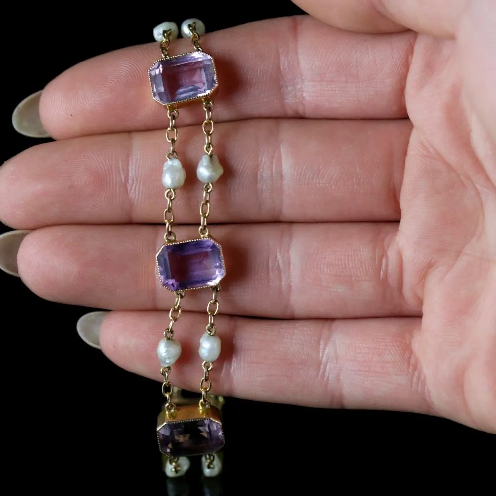 Antique Victorian Amethyst Pearl Bracelet 18Ct Gold Circa 1900