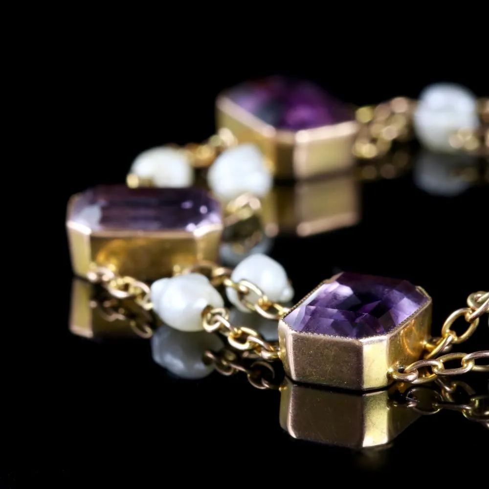 Antique Victorian Amethyst Pearl Bracelet 18Ct Gold Circa 1900