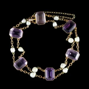 Antique Victorian Amethyst Pearl Bracelet 18Ct Gold Circa 1900